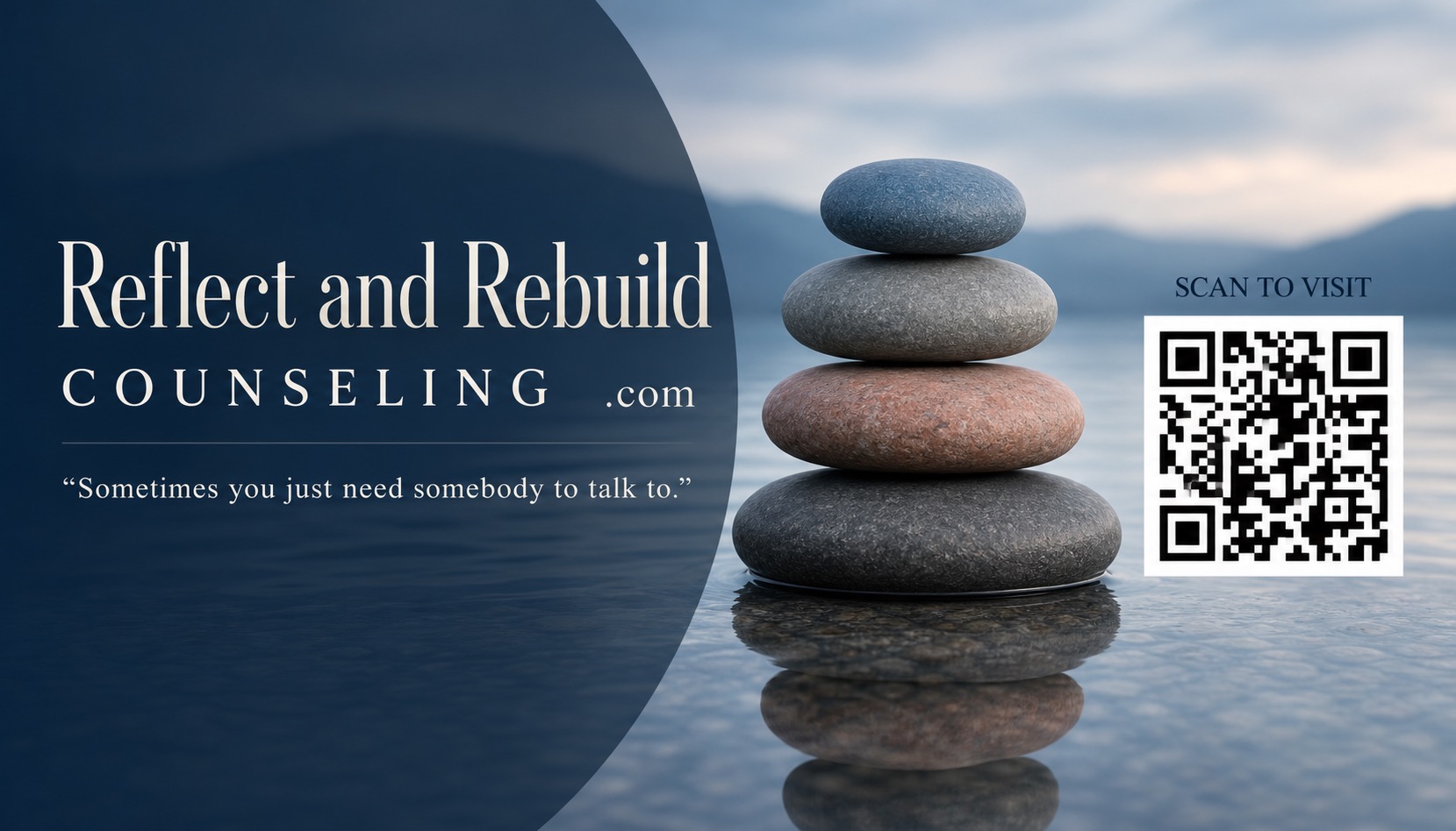 On clear water, reflecting stacked stones - a visual metaphor for reflect and rebuild.